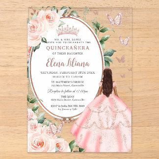 Blues Floral Brocess Rose Gold Quinceañera Acryleinladungen