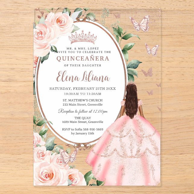 Blues Floral Brocess Rose Gold Quinceañera Acryleinladungen (Vorderseite)