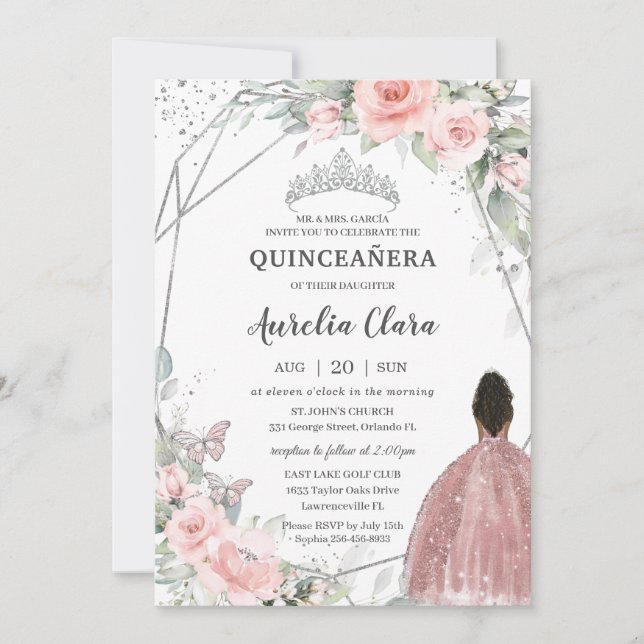 Blues Floral Brown Princess Butterfly Quinceañera Einladung (Vorderseite)