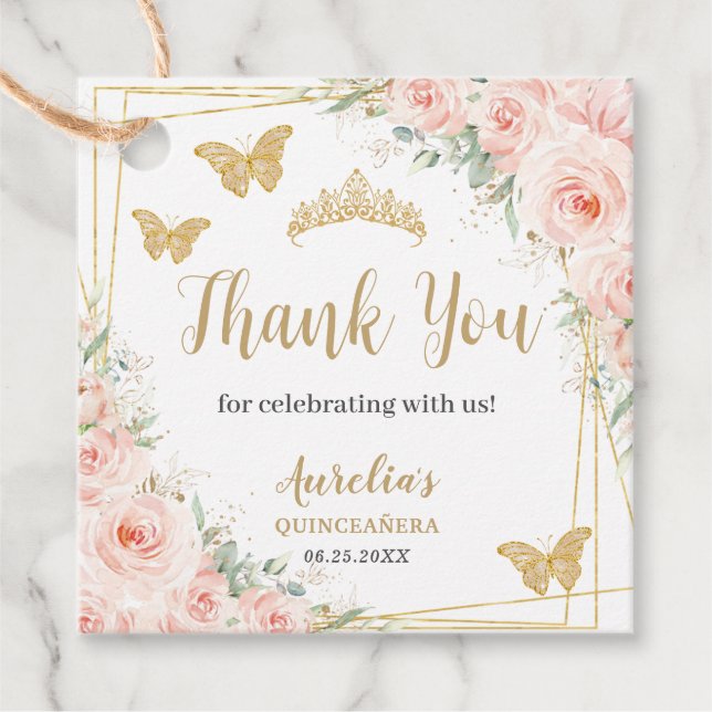 Blues Floral Champagne Butterfiles Quinceanera Geschenkanhänger (Vorderseite)