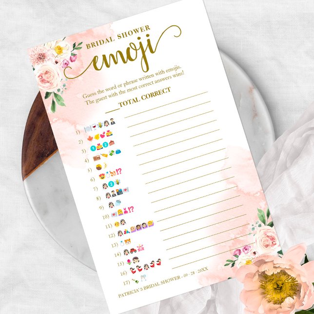 Blues Floral Gold Brautparty Emoji Pictionary Flyer (Von Creator hochgeladen)