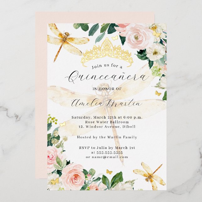 Blues Floral Gold Dragonfly Quinceanera Folieneinladung (Vorderseite/Rückseite)