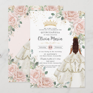 Blues Floral White Dress Princess Gown Quinceañera Einladung