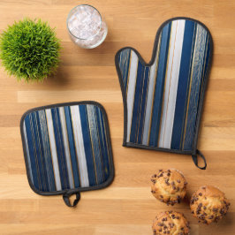 Blues Stripes Blue White Ofenhandschuh & Topflappen-Set