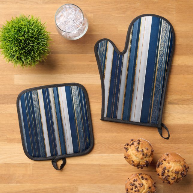 Blues Stripes Blue White Ofenhandschuh & Topflappen-Set (Oben Unten)
