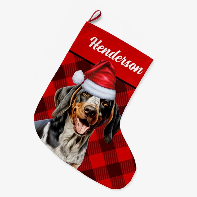 Bluetick Coonhound Buffalo Kariert und Hunde Name Großer Weihnachtsstrumpf (Vorderansicht (hängend))