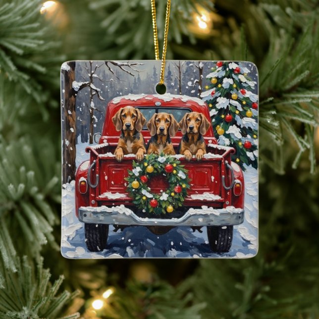 Bluetick Coonhound Christmas Red Truck Holiday Keramikornament (Baum)