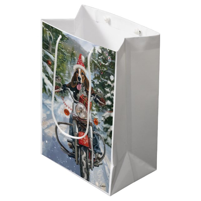 Bluetick Coonhound Dog Riding Motorrad Weihnachten Mittlere Geschenktüte (Vorderseite Schrägansicht)