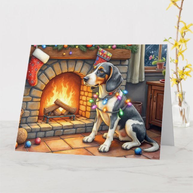 Bluetick Coonhound Fireplace with Christmas Lights Karte (Gelbe Blume)