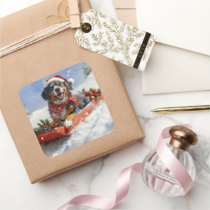 Bluetick Coonhound Hund im Schlitten Weihnachten Quadratischer Aufkleber