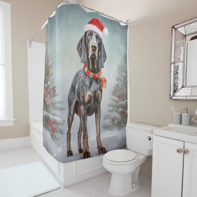 Bluetick Coonhound Hund im Schnee Weihnachten Duschvorhang (Beispiel)