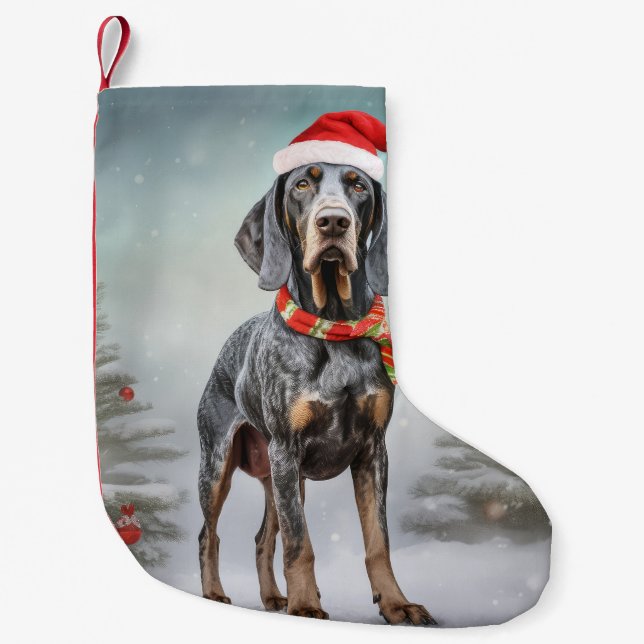 Bluetick Coonhound Hund im Schnee Weihnachten Kleiner Weihnachtsstrumpf (Vorderseite)