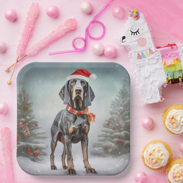 Bluetick Coonhound Hund im Schnee Weihnachten Pappteller (Party)