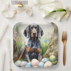 Bluetick Coonhound Hund mit Ostereiern Urlaub Pappteller