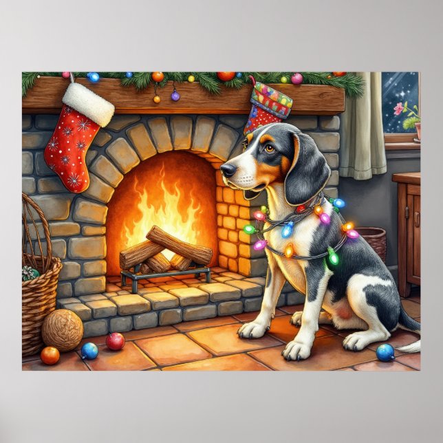 Bluetick Coonhound Kamin mit Weihnachtslichtern Poster (Vorne)