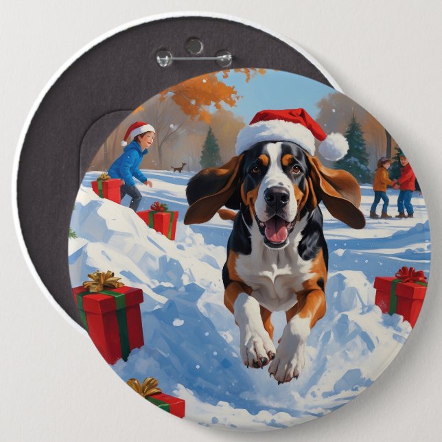 Bluetick Coonhound läuft im Schnee mit Weihnachten Button (Vorne & Hinten)