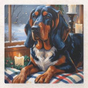 Bluetick Coonhound mit Weihnachtslichtern Feiertag Glasuntersetzer