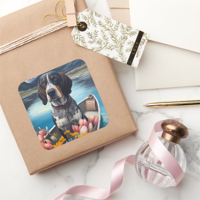 Bluetick Coonhound on a Paddle: Ein Landschaftlich Quadratischer Aufkleber (Schenken)