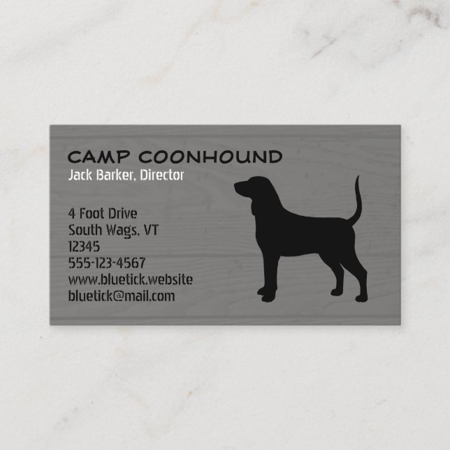 Bluetick Coonhound-Silhouette über Holzstil Visitenkarte (Vorderseite)