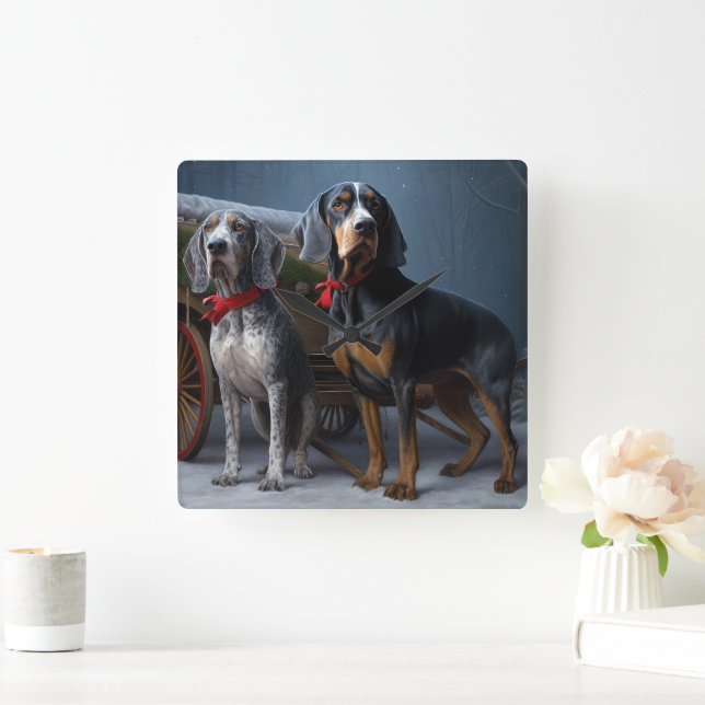 Bluetick Coonhound Snowy Sleigh Weihnachtsdekor Quadratische Wanduhr (Zuhause)