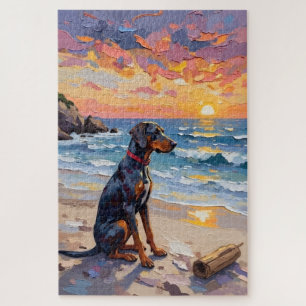 Bluetick Coonhound Sonnenuntergang Strand Szene