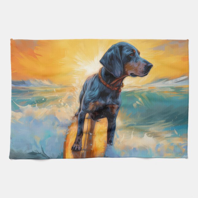 Bluetick Coonhound Strand Surfing Malerei Geschirrtuch (Horizontal)