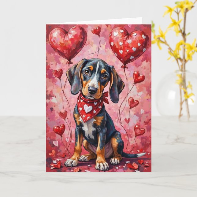 Bluetick Coonhound Valentine Dog Sitting Karte (Gelbe Blume)