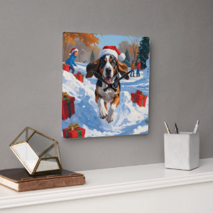 Bluetick Coonhound Weihnachtsfest Schneeszene Quadratische Wanduhr