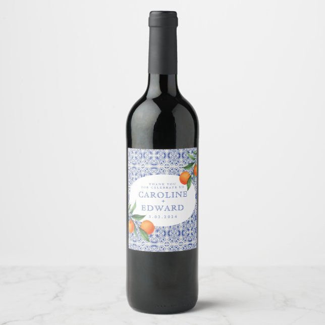 Bluetile mediterrane Hochzeit Weinetikett (Vorderseite)
