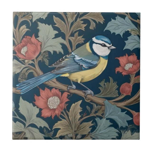 Bluetit William Morris Style Right Bird Blue Tit Fliese (Vorderseite)