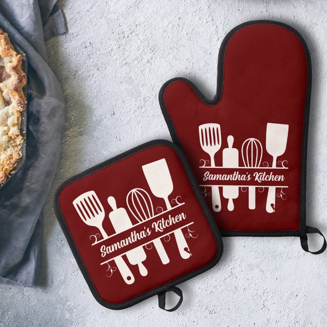 Blüh Baking Utensies Monogramm Rot Ofenhandschuh & Topflappen-Set (Flourish Baking Utensils Monogram Red Oven Mitt & Pot Holder Set)