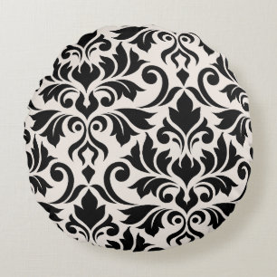 Blüh Damask Art I Black on Cream Rundes Kissen