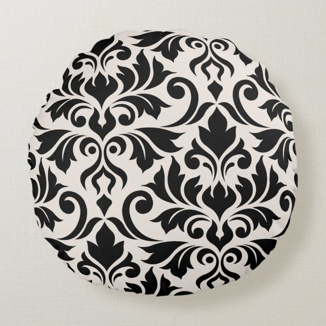 Blüh Damask Art I Black on Cream Rundes Kissen (Vorderseite)