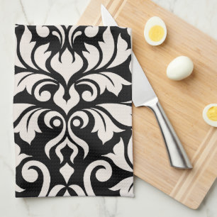 Blüh Damask Art I Cream on Black Geschirrtuch