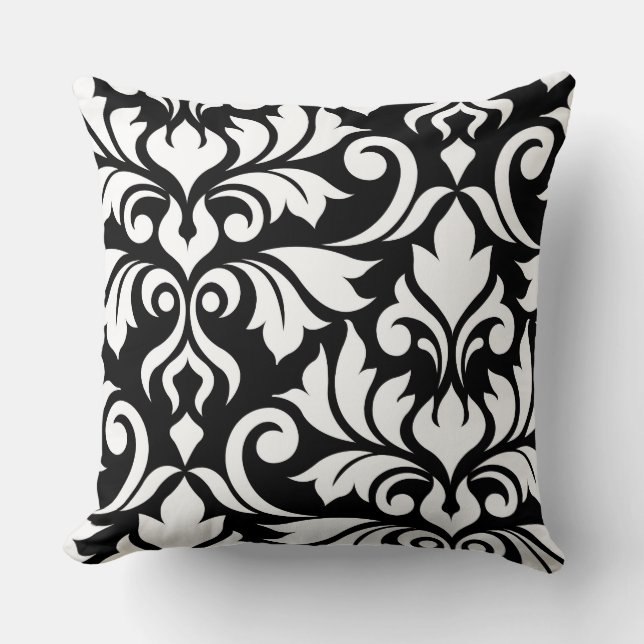 Blüh Damask Art I White on Black Kissen (Vorderseite)