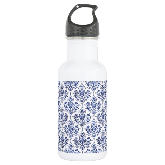 Blüh Damask Muster - blau Edelstahlflasche (Vorderseite)