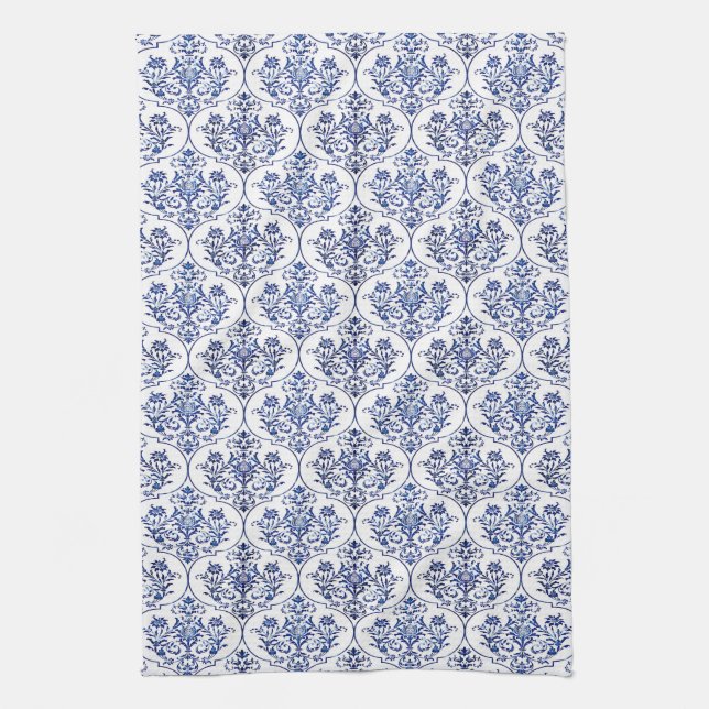Blüh Damask Muster - blau Geschirrtuch (Vertikal)