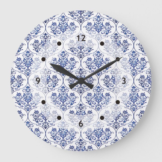 Blüh Damask Muster - blau Große Wanduhr (Vorderseite)