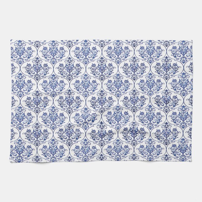 Blüh Damask Muster - blau Handtuch (Horizontal)