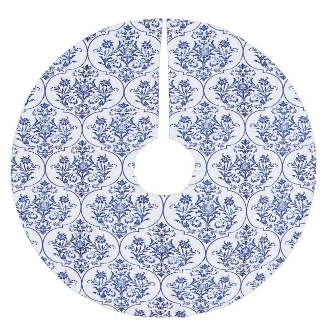 Blüh Damask Muster - blau Polyester Weihnachtsbaumdecke (Vorderseite)