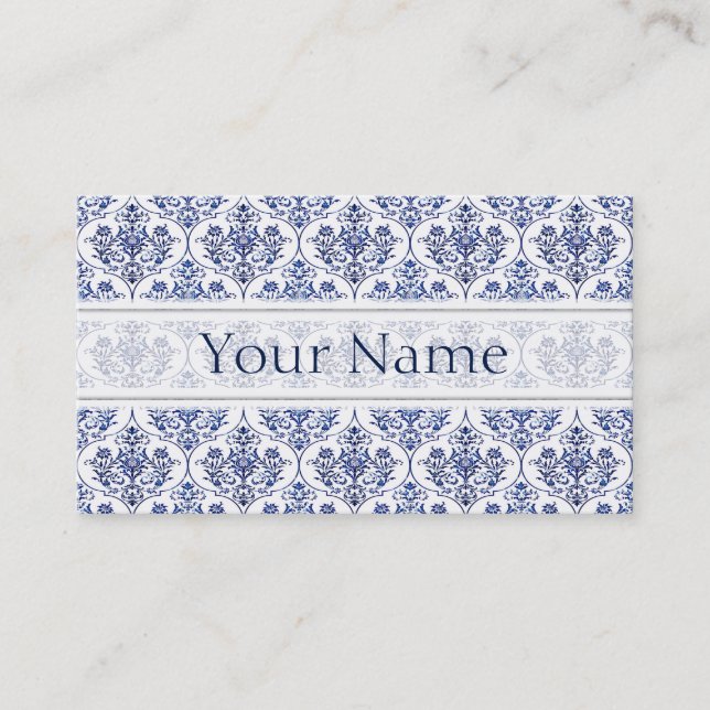 Blüh Damask Muster - blau Visitenkarte (Vorderseite)