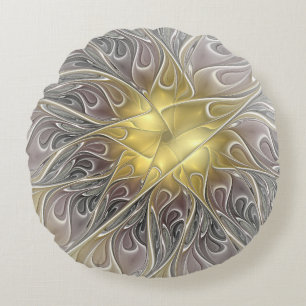 Blüh mit Gold Moderne Abstrakte Fraktal Blume Rundes Kissen