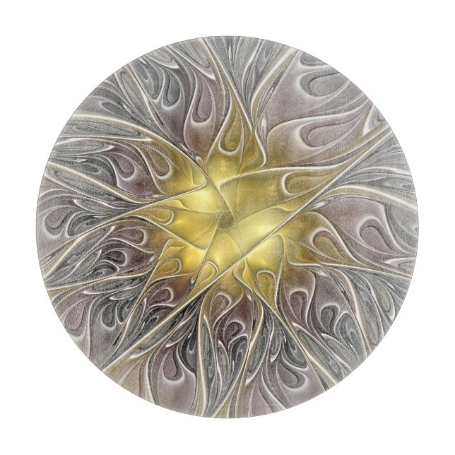 Blüh mit Gold Moderne Abstrakte Fraktal Blume Schneidebrett (Vorderseite)