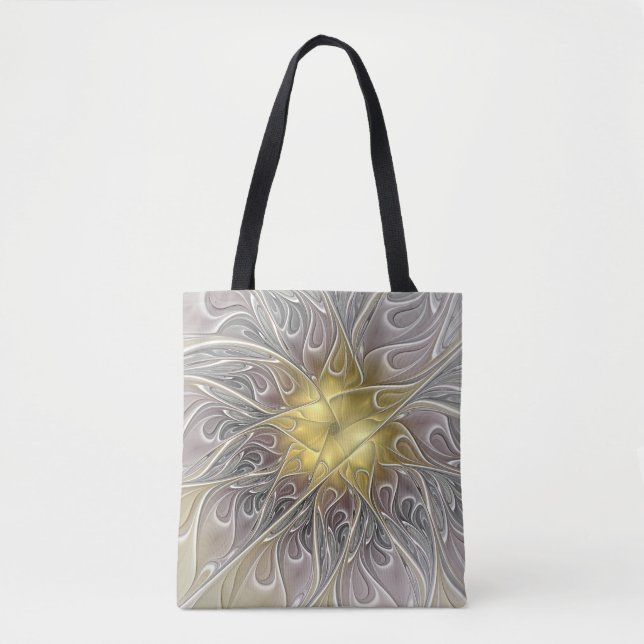 Blüh mit Gold Moderne Abstrakte Fraktal Blume Tasche (Vorderseite)