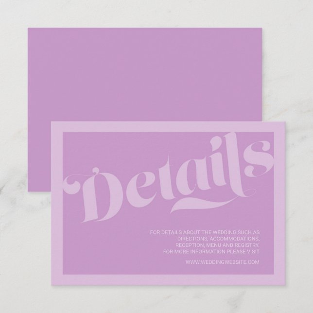Blüh Typografie Lavender Lilac Wedding Details Begleitkarte (Vorne/Hinten)