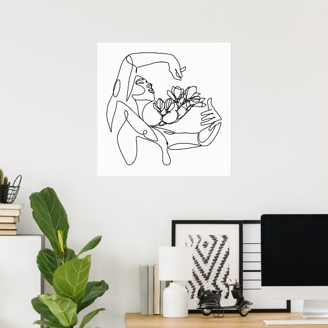 Blüh - Weibliche Linie Kunst mit Blume Poster (Heimbüro)