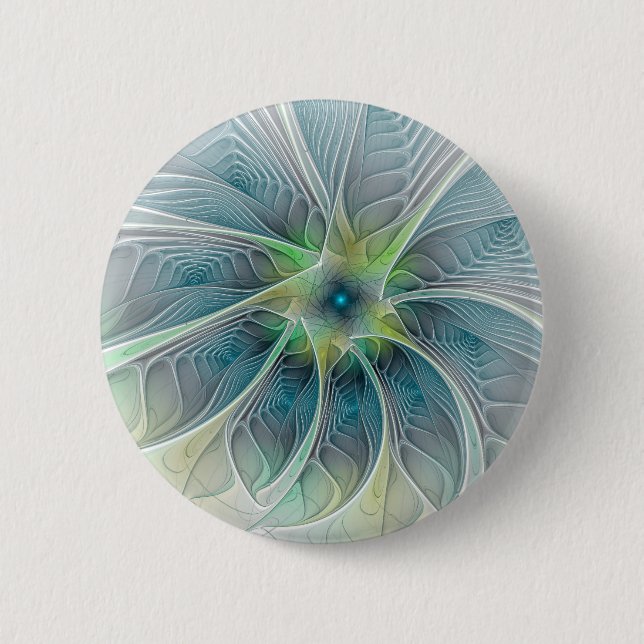 Blühen Fantasy Modern Blue Green Fraktal Blume Button (Vorderseite)