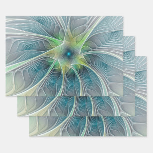 Blühen Fantasy Modern Blue Green Fraktal Blume Geschenkpapier Set