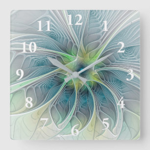 Blühen Fantasy Modern Blue Green Fraktal Blume Quadratische Wanduhr