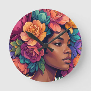 Blühen Inspirierende schwarze Frau Blumen-Afro Runde Wanduhr